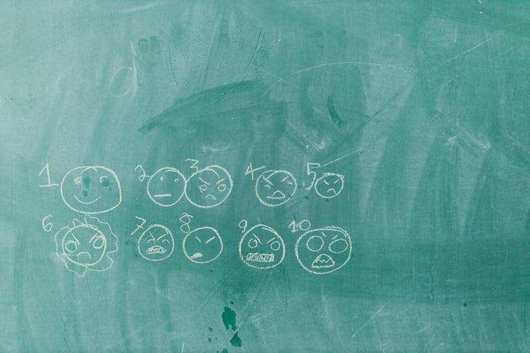 Chalk-drawn emoticons on a green blackboard representing various emotions.